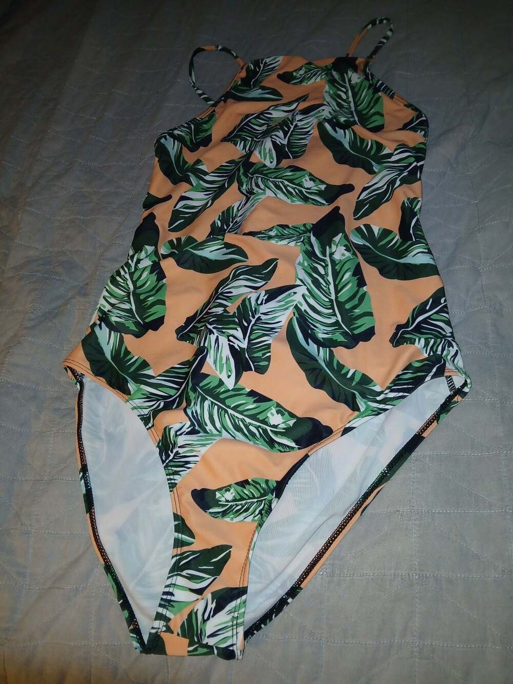 Tropical Leaf Print Lace-Up Back One-Piece Swimsuit